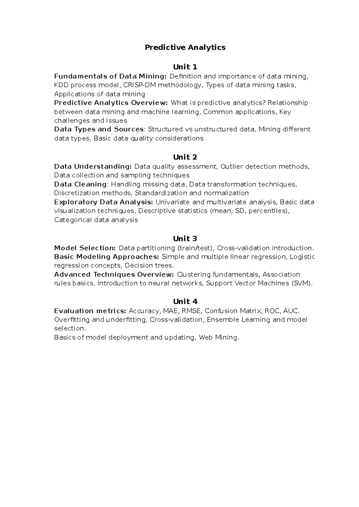 Predictive Analytics (Unit 1-4) Overview and Key Concepts - Studocu