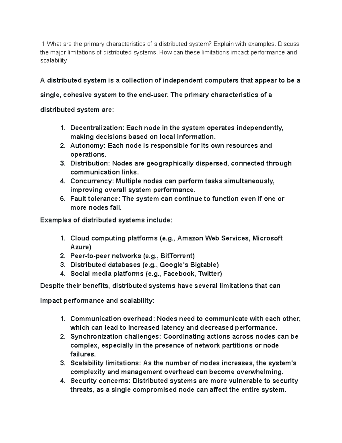 Distributed systems - good - 1 What are the primary characteristics of ...