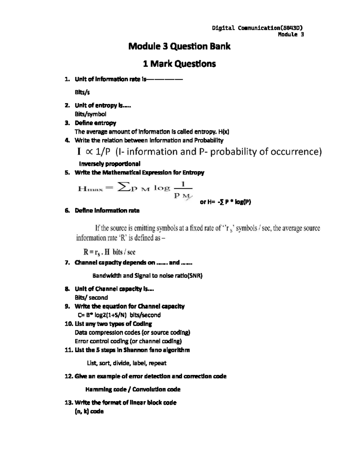 Digital Communication (5043D) Module 3 Question Bank - Studocu