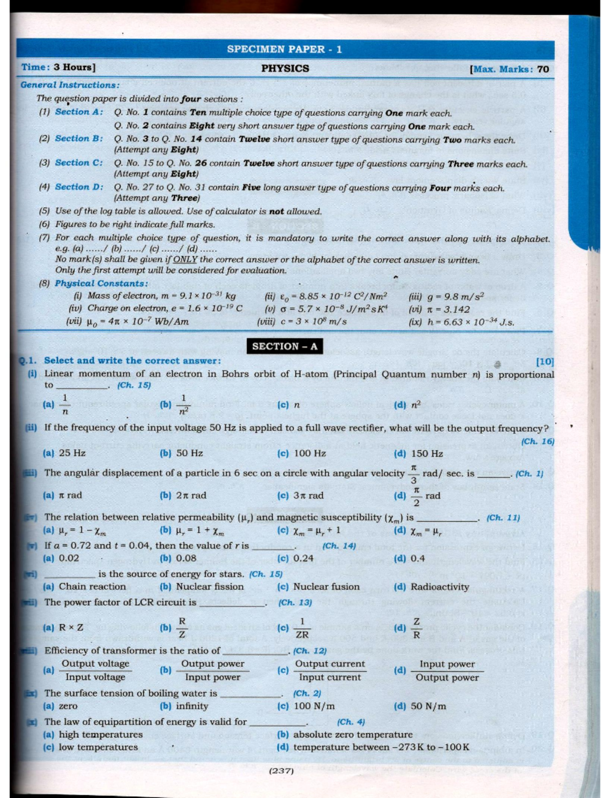 Phy spe-1,2,3 with solution - SPECIMEN PAPER 1 Time: 3 PHYSICS Marks ...