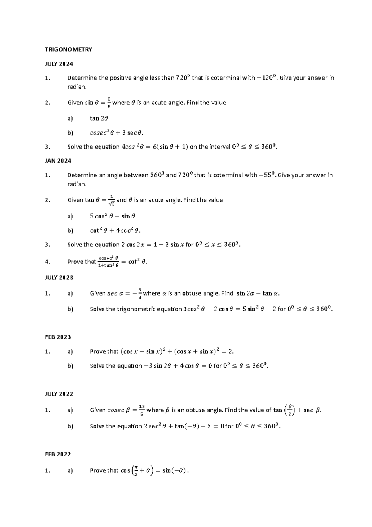 Trigonometry Practice Questions & Solutions (COM101) - Studocu