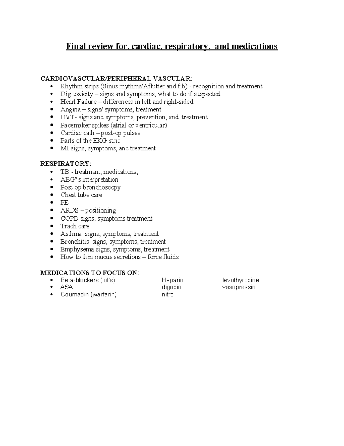 Review+for+final+part+1 - Final review for, cardiac, respiratory, and ...