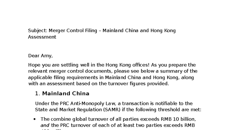 Merger Control Filing Requirements in Mainland China & HK - Studocu