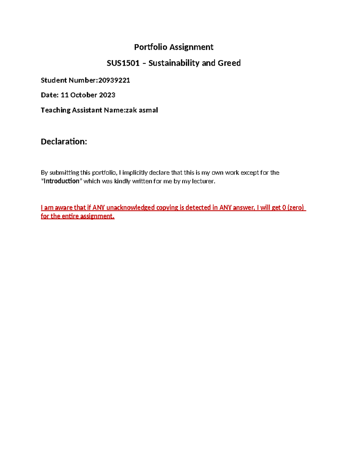 Portfolio sus1501 - Portfolio Assignment SUS1501 – Sustainability and ...