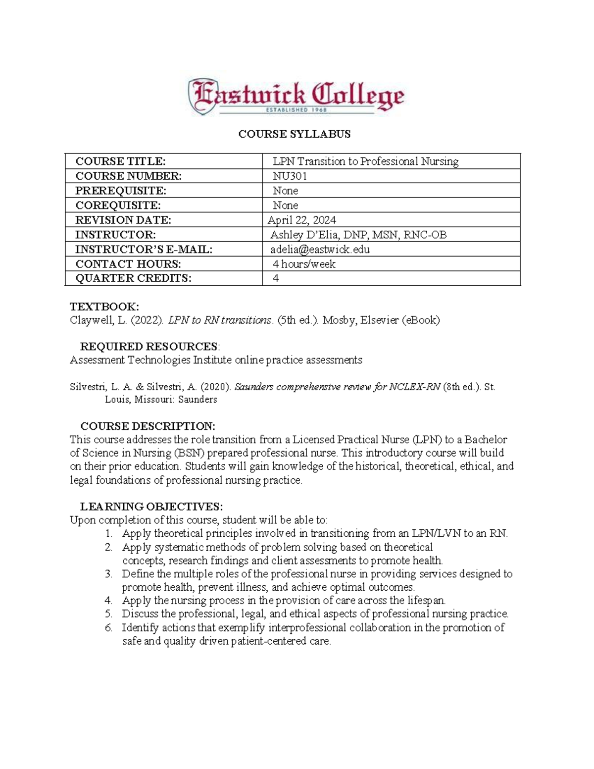 NU301 LPN Transition to Professional Nursing Course Syllabus (April ...