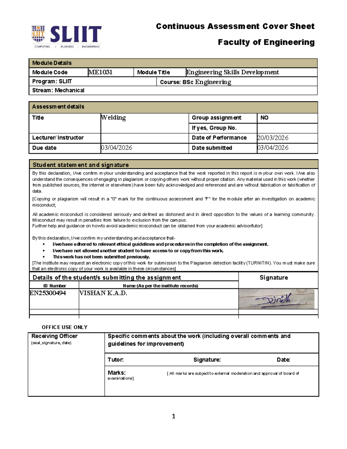 ME1031: Welding Lab Report on Engineering Skills Development - Studocu