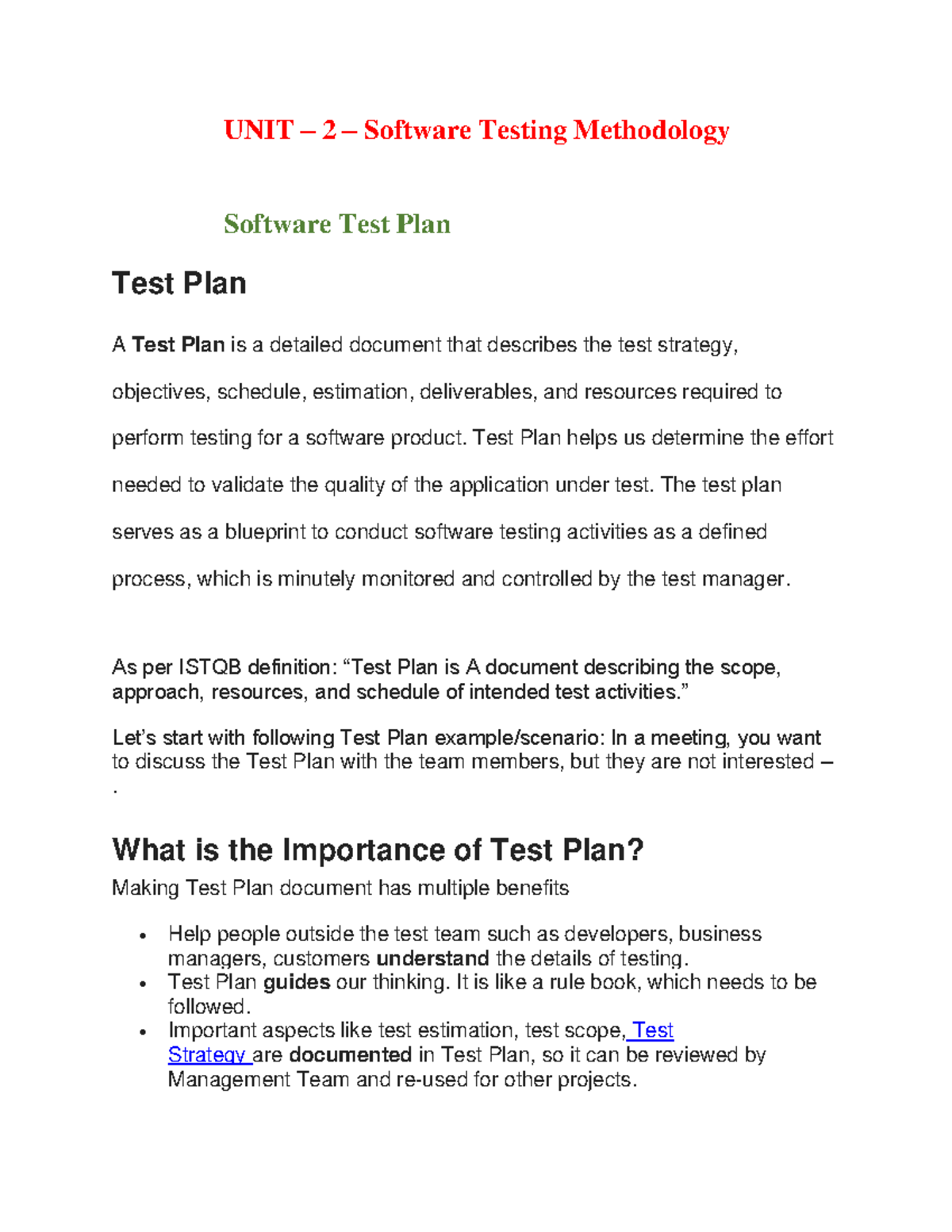 SQT - Unit 2 - Software Testing Methodology and Test Planning Notes ...