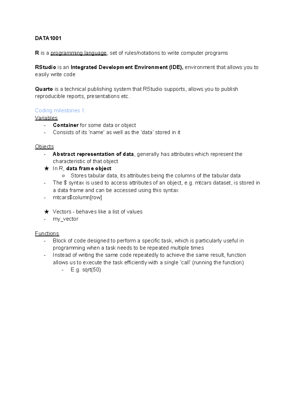 DATA1001 - personal notes on R programming and data analysis - Studocu