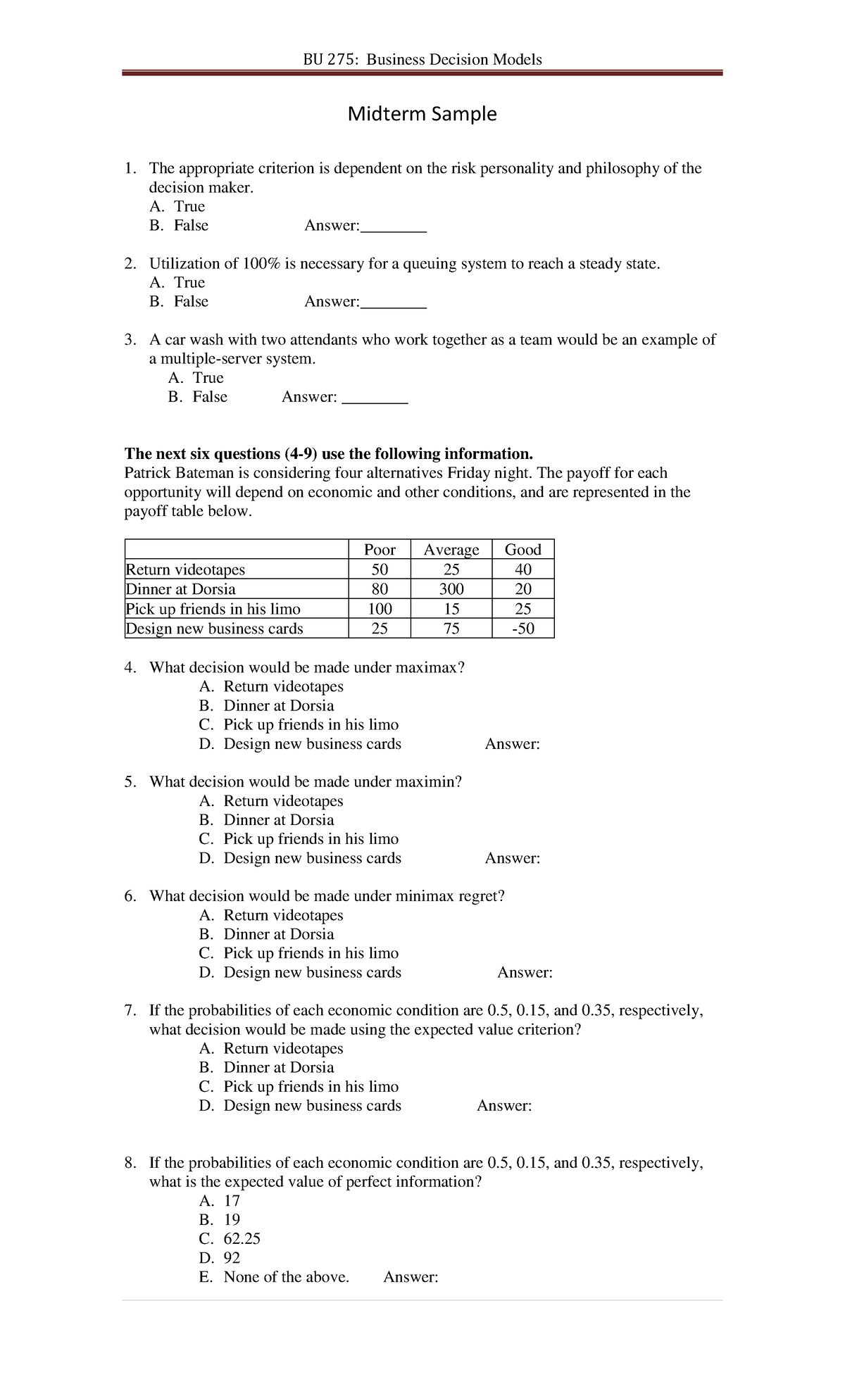 BU 275: Midterm Sample Questions on Business Decision Models - Studocu