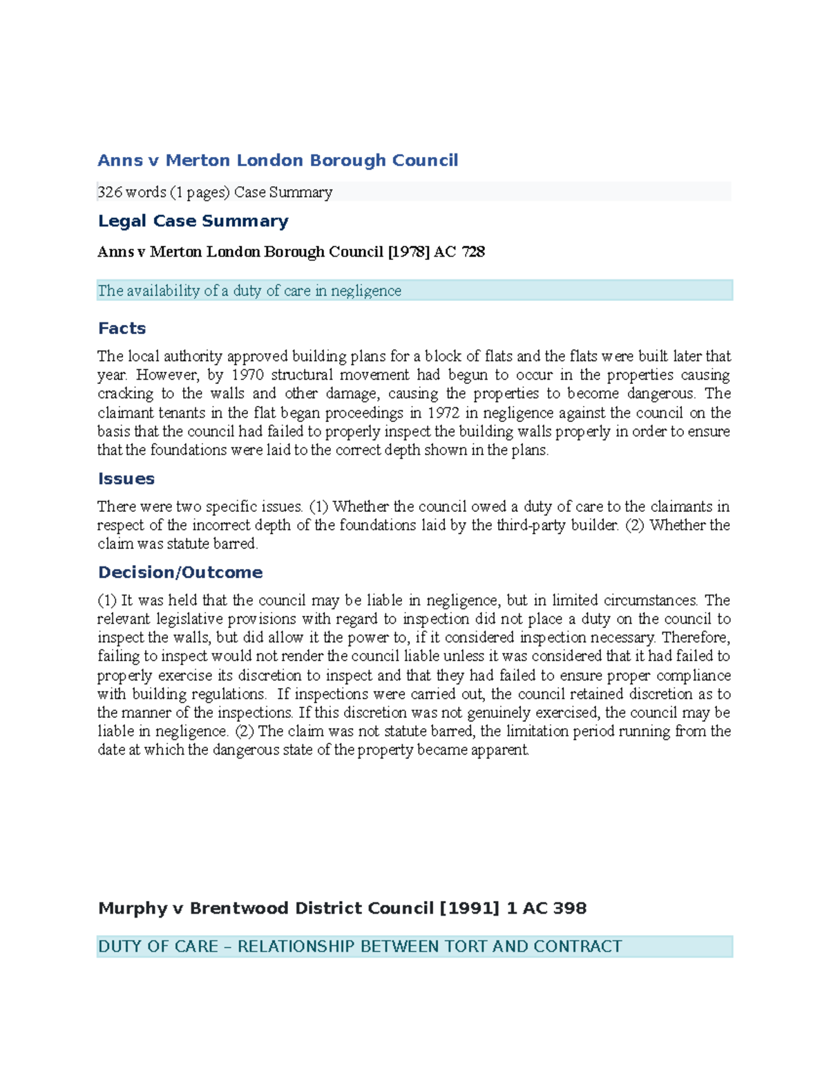 Case Summaries on Negligence: Anns, Murphy, Caparo, and More - Studocu