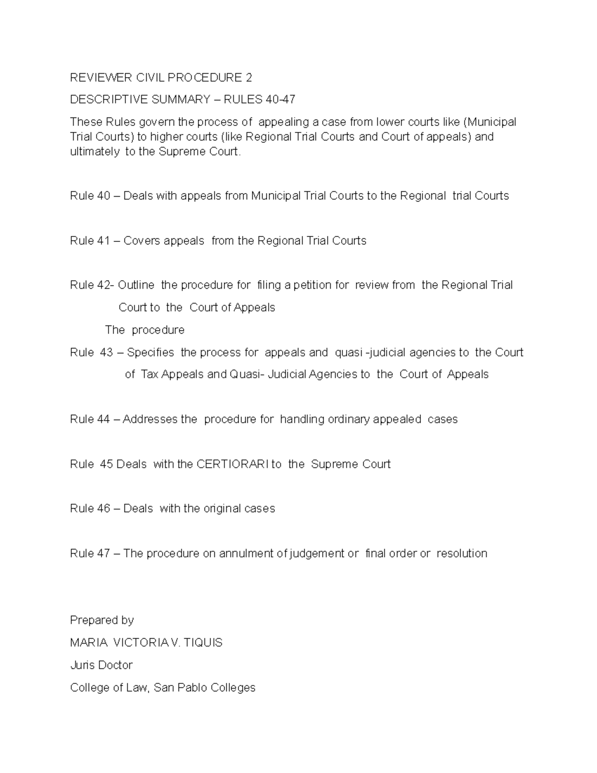 Reviewer Civil Procedure 2: Summary of Rules 40-47 - Studocu