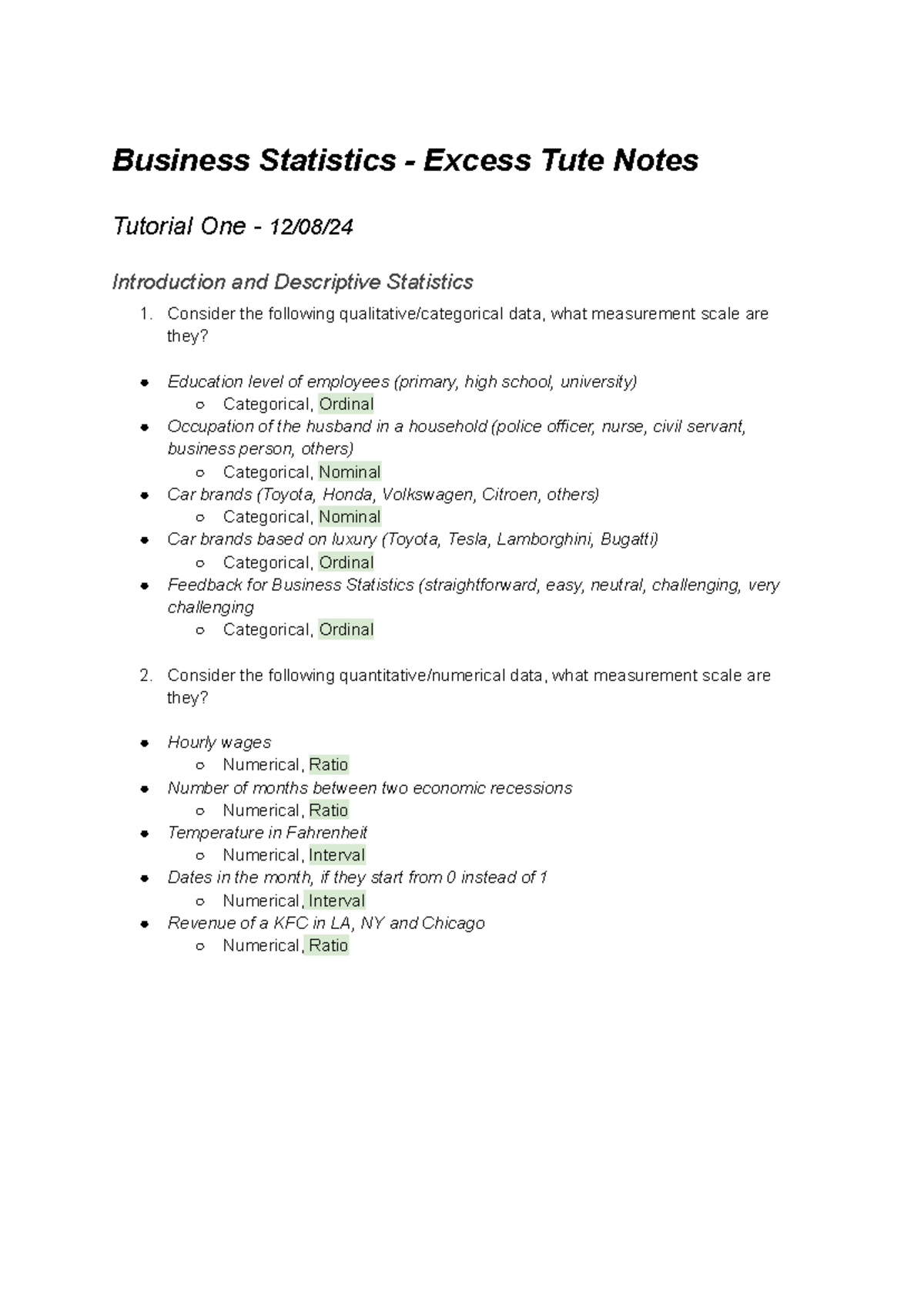Bus Stat Tutorial Notes - Excess Tute HW (TUT601) - Studocu