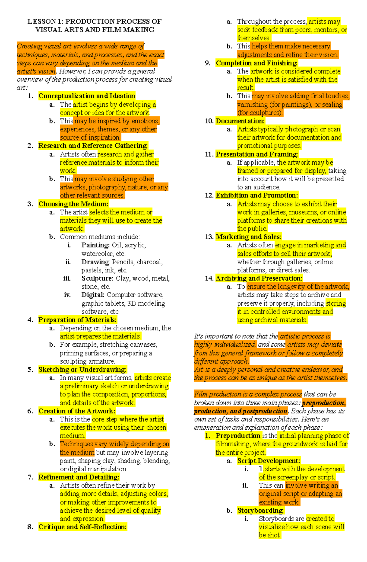 AP - Lesson 1: Production Process in Visual Arts & Film Making - Studocu
