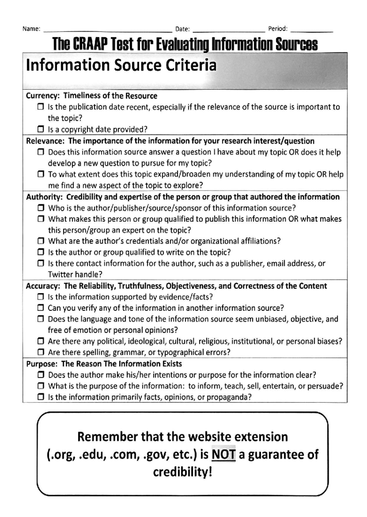 AP Seminar CRAAP Test Handout for Evaluating Sources - Studocu