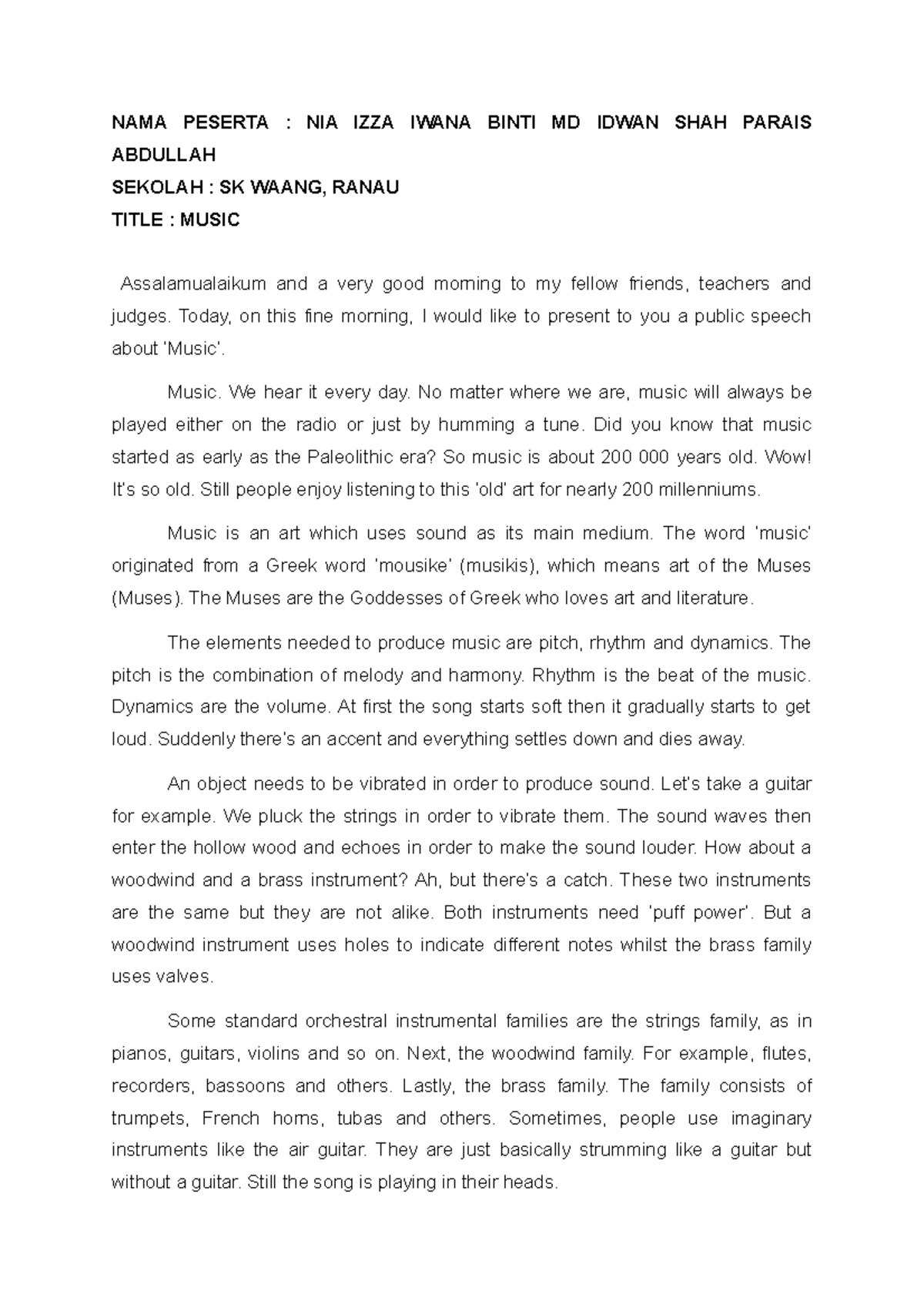 Public Speaking Essay on Music - SKWR - Studocu