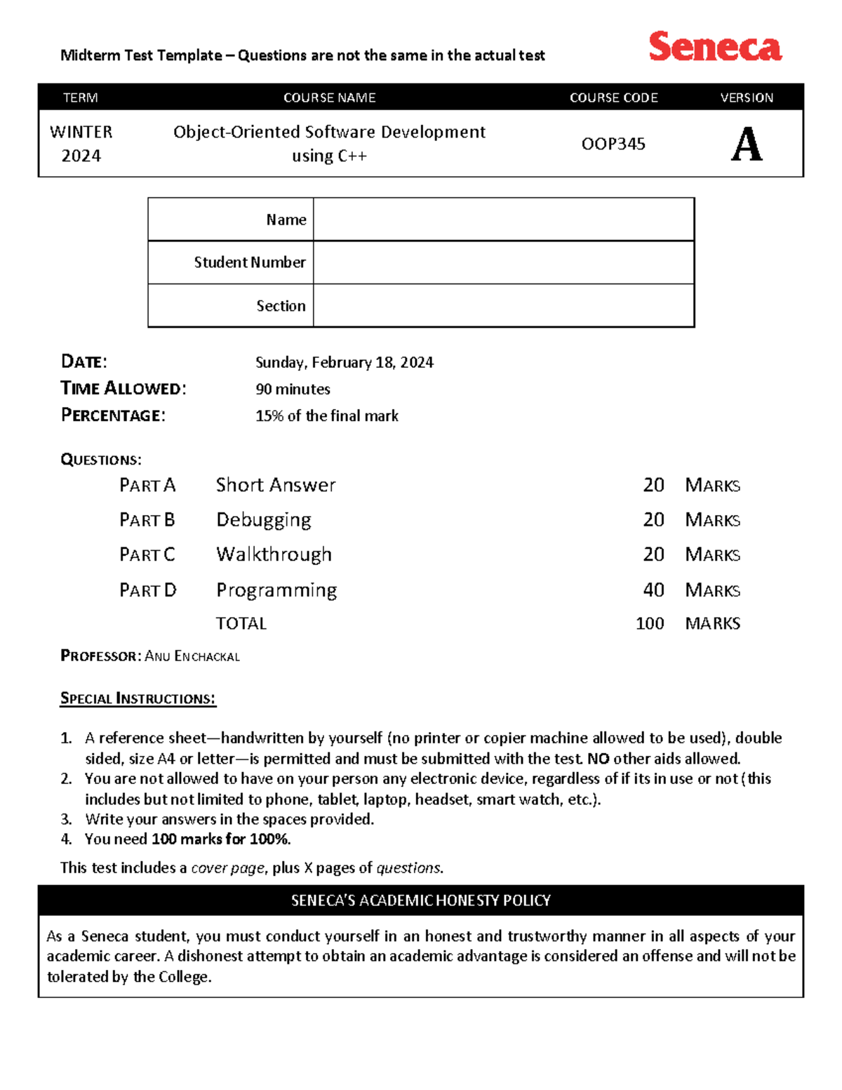 OOP345-Midterm Test Template for Object-Oriented Software Development ...