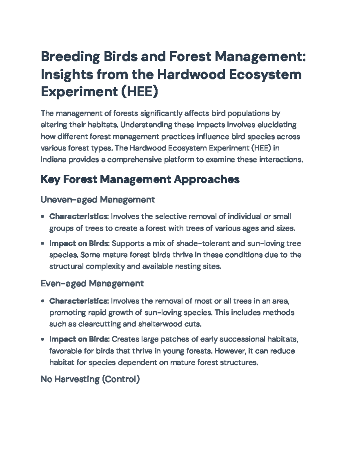 Forest Management's Impact on Bird Populations: HEE Insights - Breeding ...