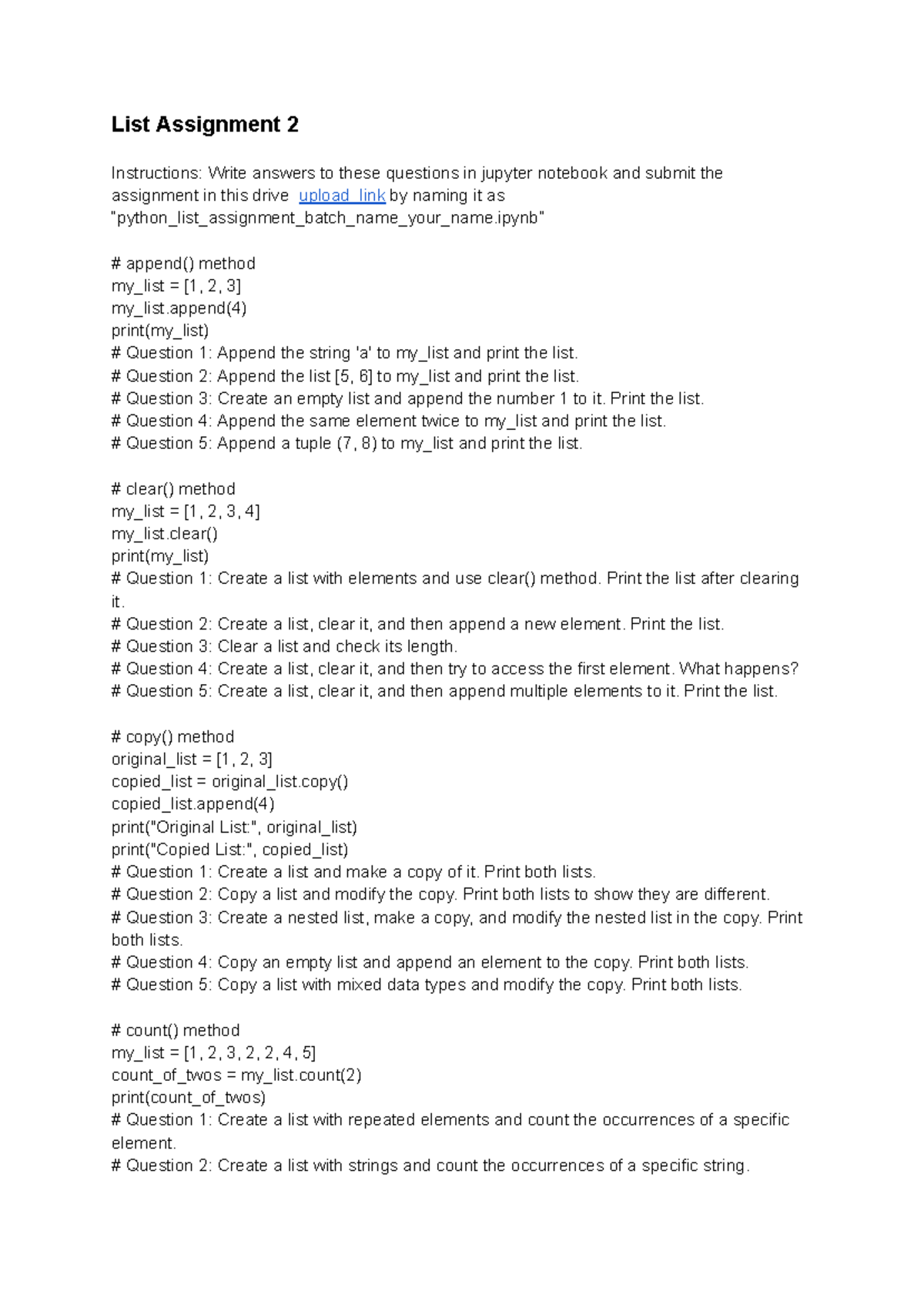 Python list assignment 2 - List Assignment 2 Instructions: Write ...