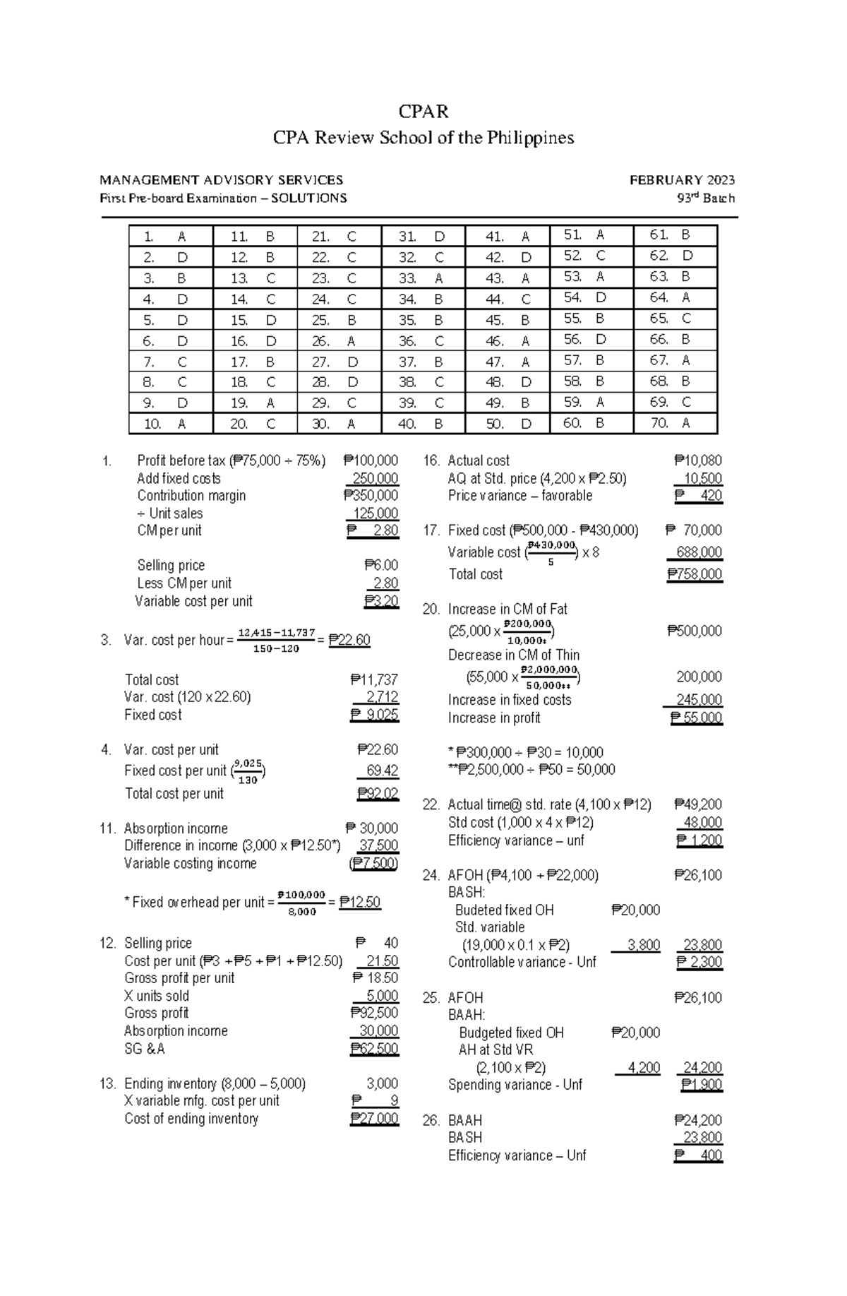 93-MAS Feb 2023 First Pre-Board Exam Solutions - Batch 93 - Studocu