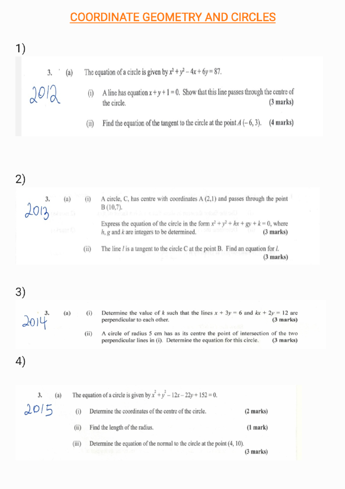 Coordinate Geometry and Circles - COORDINATE GEOMETRY AND CIRCLES 1) 3 ...