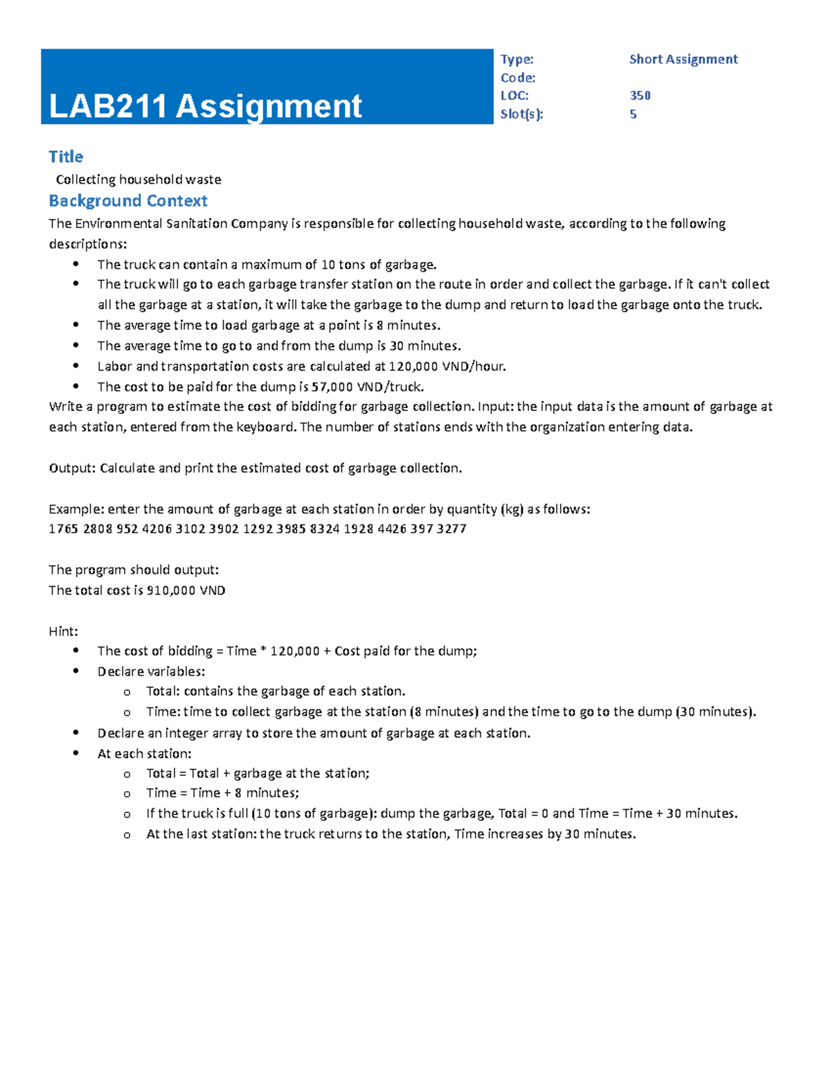 P00101 - practice - LAB211 Assignment Type: Short Assignment Code: LOC ...