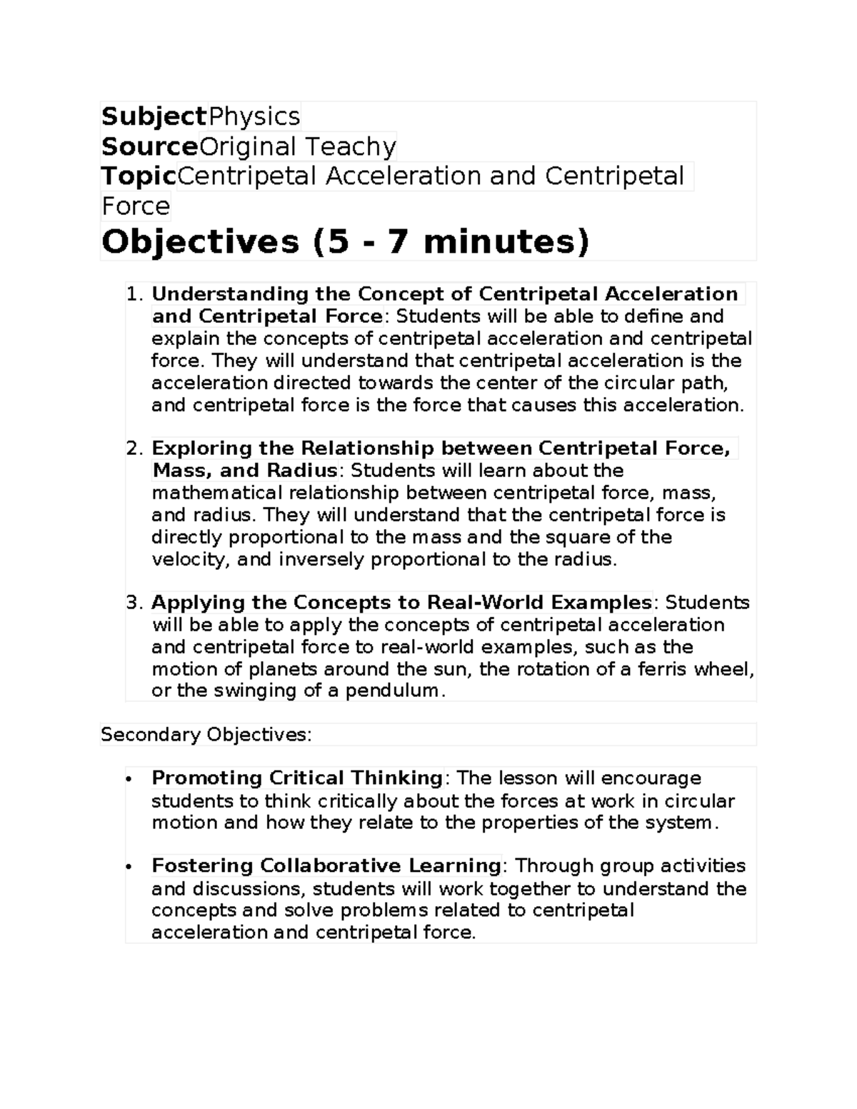 Physics Lesson on Centripetal Acceleration and Force (PHYS101) - Studocu