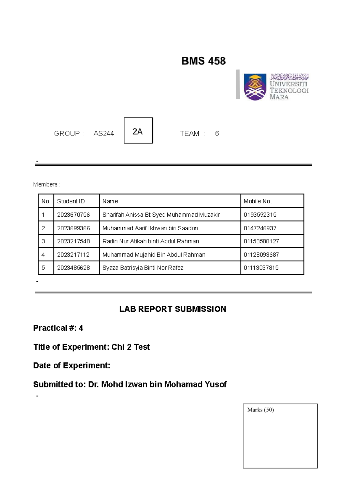 BMS458 Practical 5 Lab Report: Chi-Squared Test Analysis - Studocu