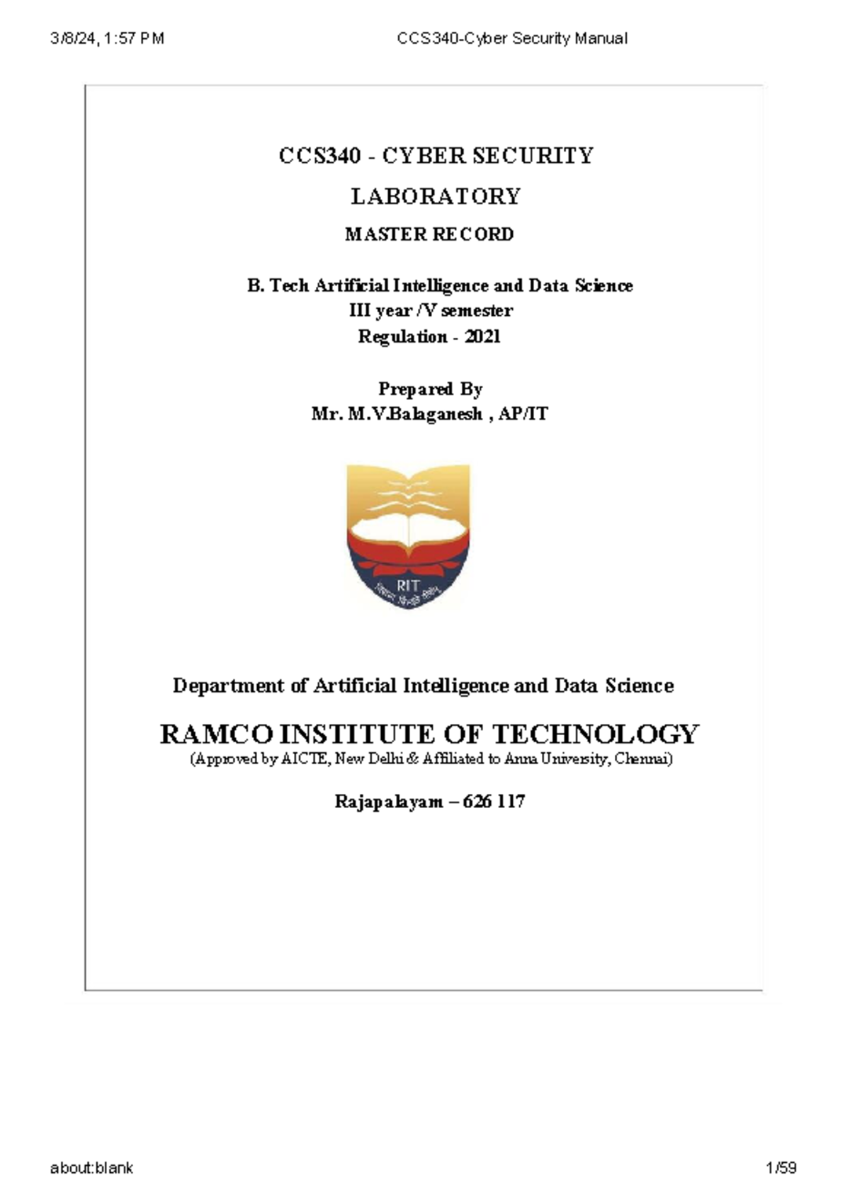 CCS340 Cyber Security Lab Manual - B.Tech AI & Data Science (2024 ...