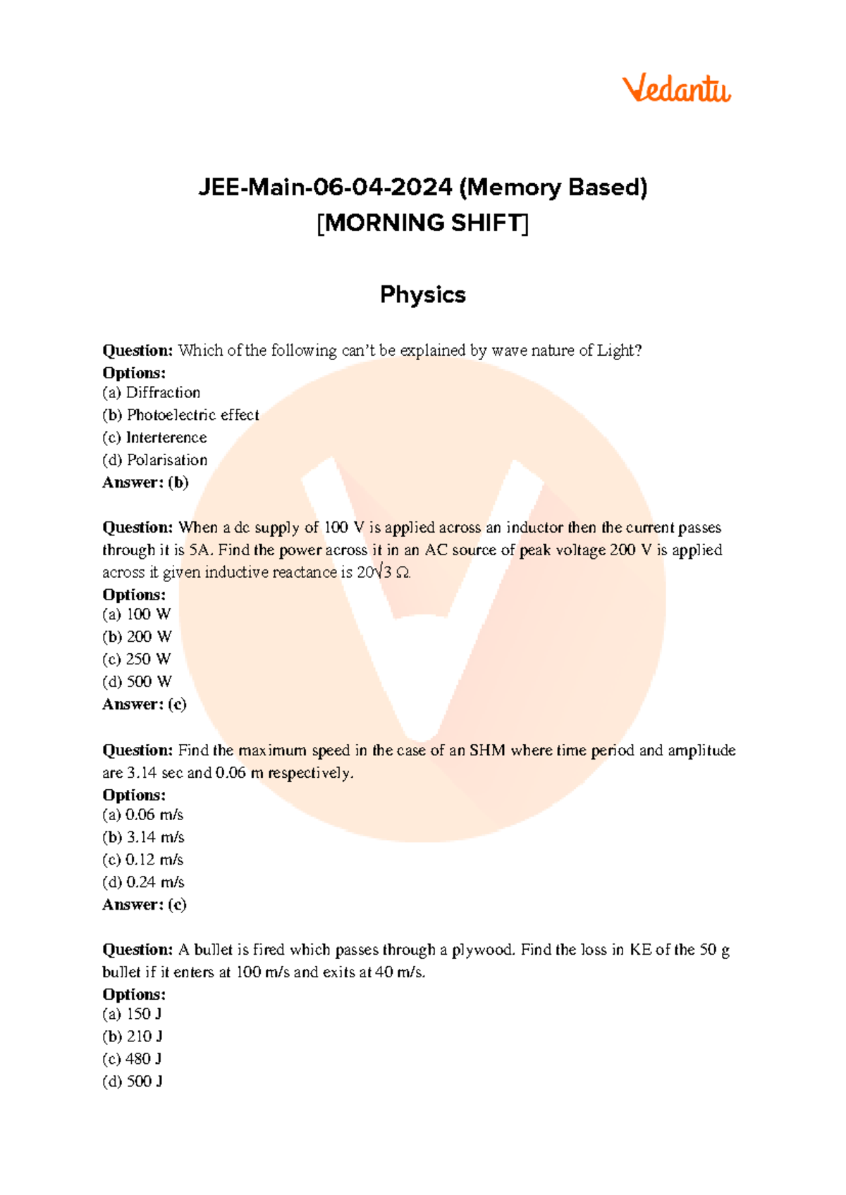 JEE Main 2024 (April 6 Shift 1) Ques Paper & Answers [PDF] - Studocu