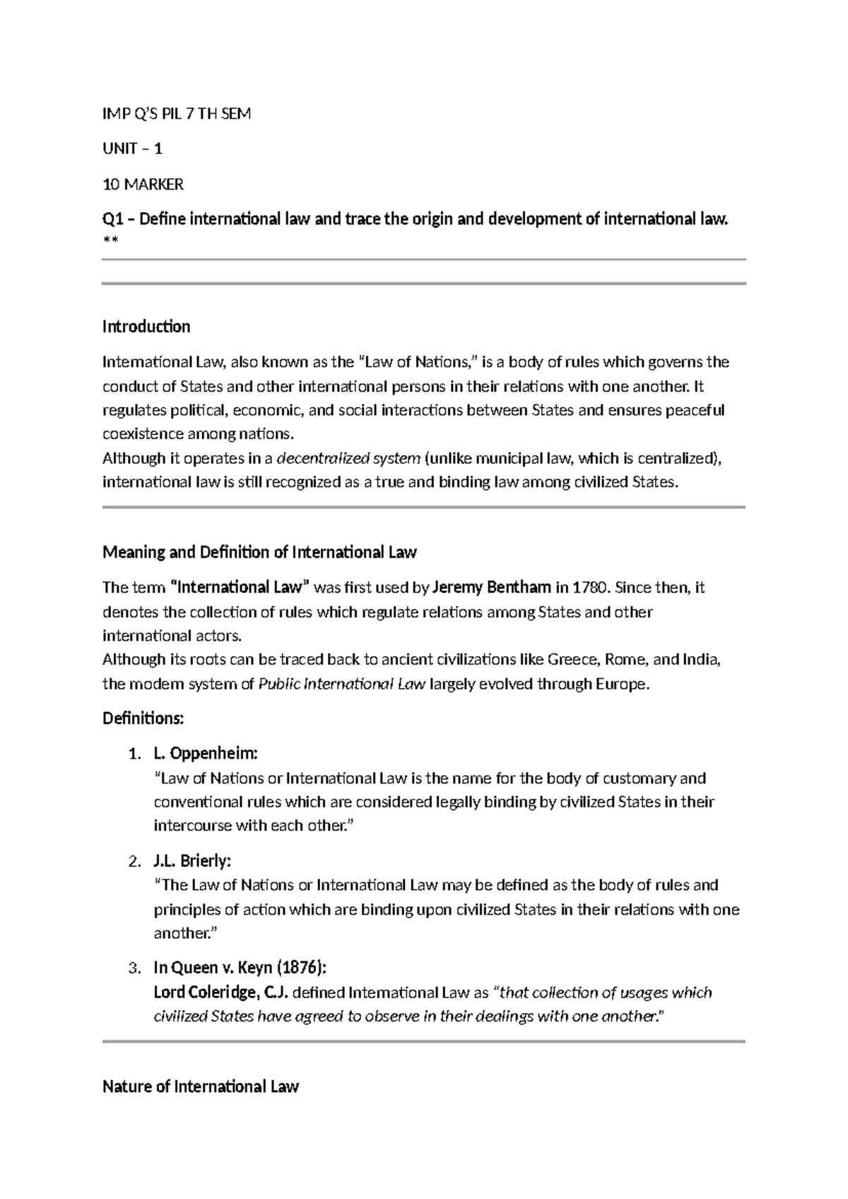 IMP PIL 7TH SEM UNIT 1: Defining International Law and Its Origins ...