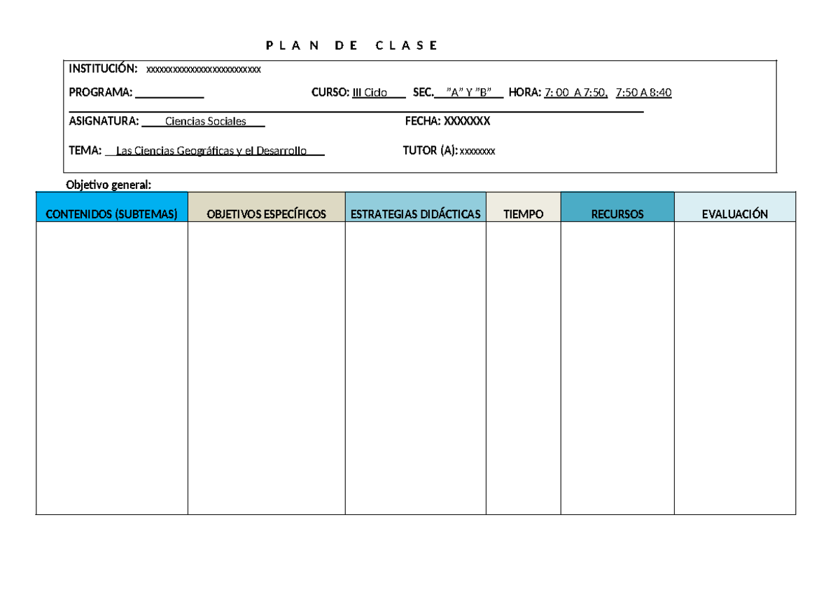 Formato plan de clase - Didáctica General - P L A N D E C L A S E ...