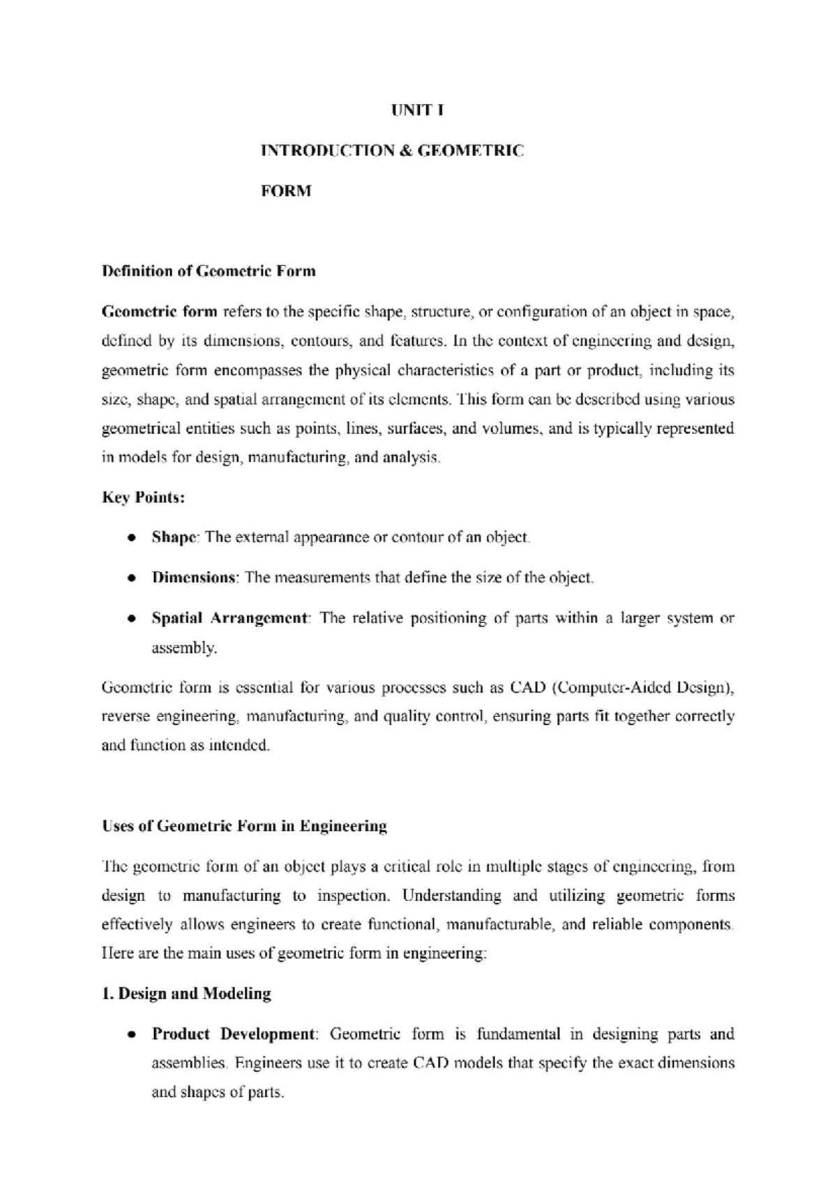 Reverse Engineering Notes: Unit 1 - Geometric Form & Applications - Studocu