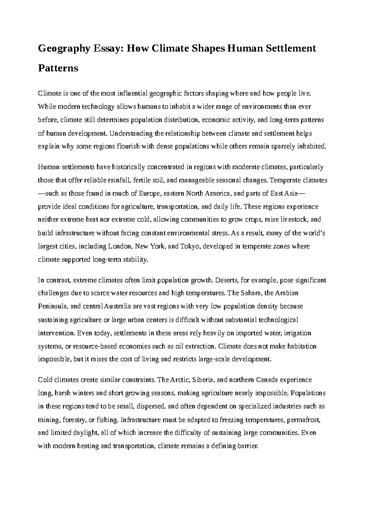 A1 - Geography Essay: The Impact of Climate on Human Settlements - Studocu