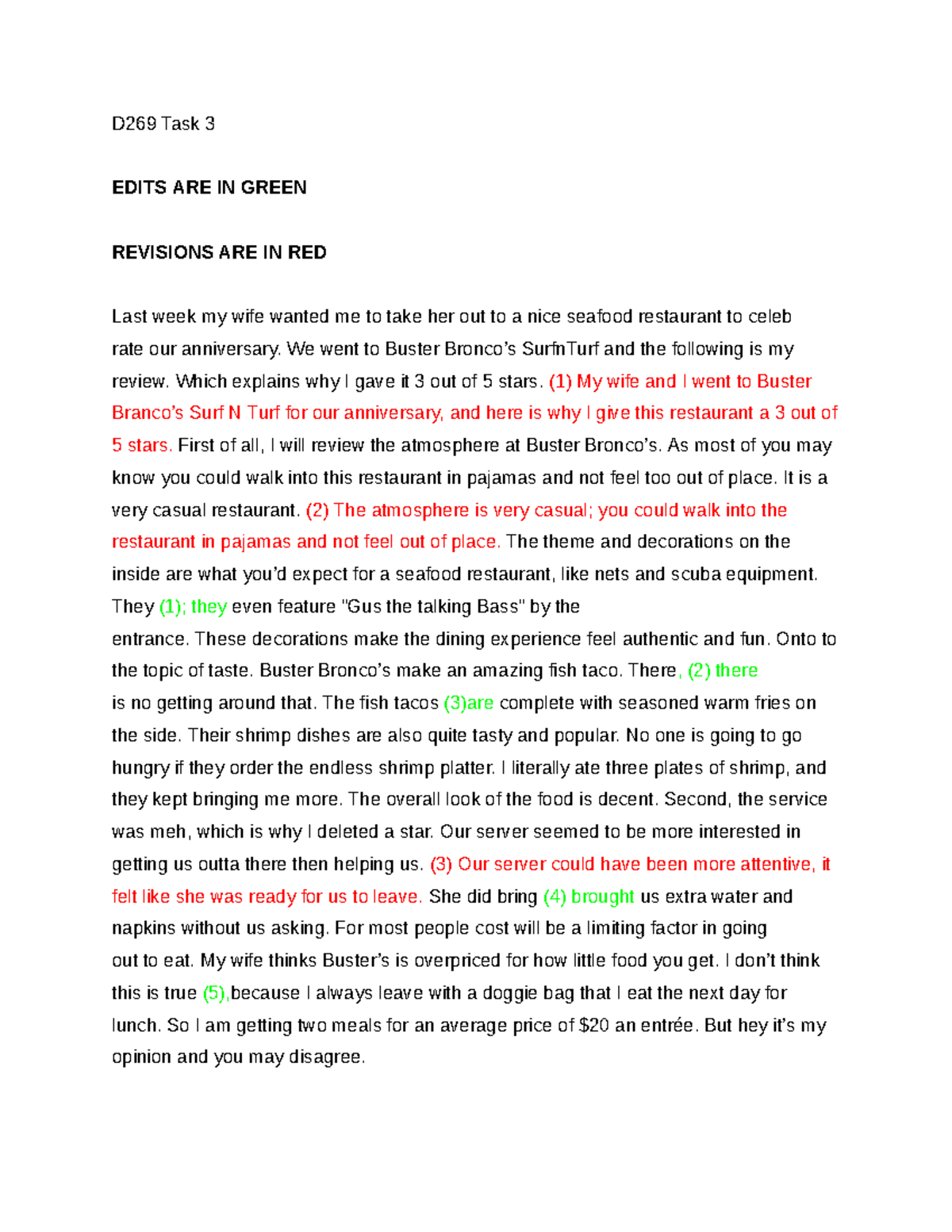 D269 Task 3: Restaurant Review of Buster Surf N Turf - Studocu
