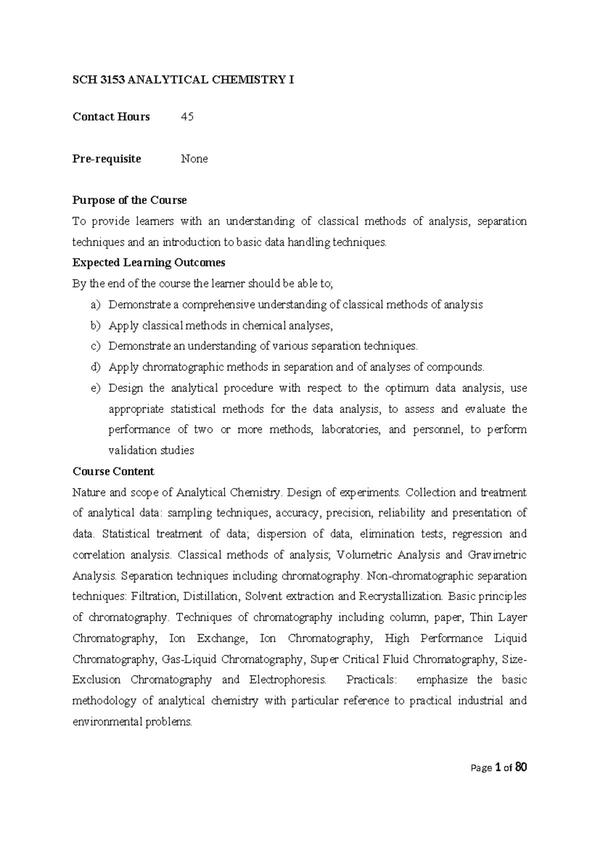 SCH 3153 Analytical Chemistry I Course Overview and Study Guide - Studocu