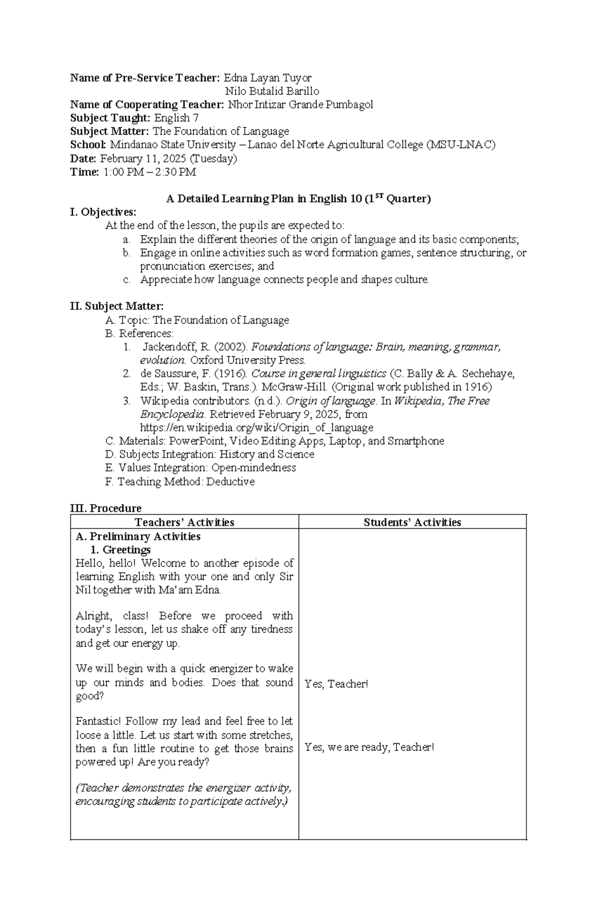 Lesson PLAN ma'am Nizar - Name of Pre-Service Teacher: Edna Layan Tuyor ...