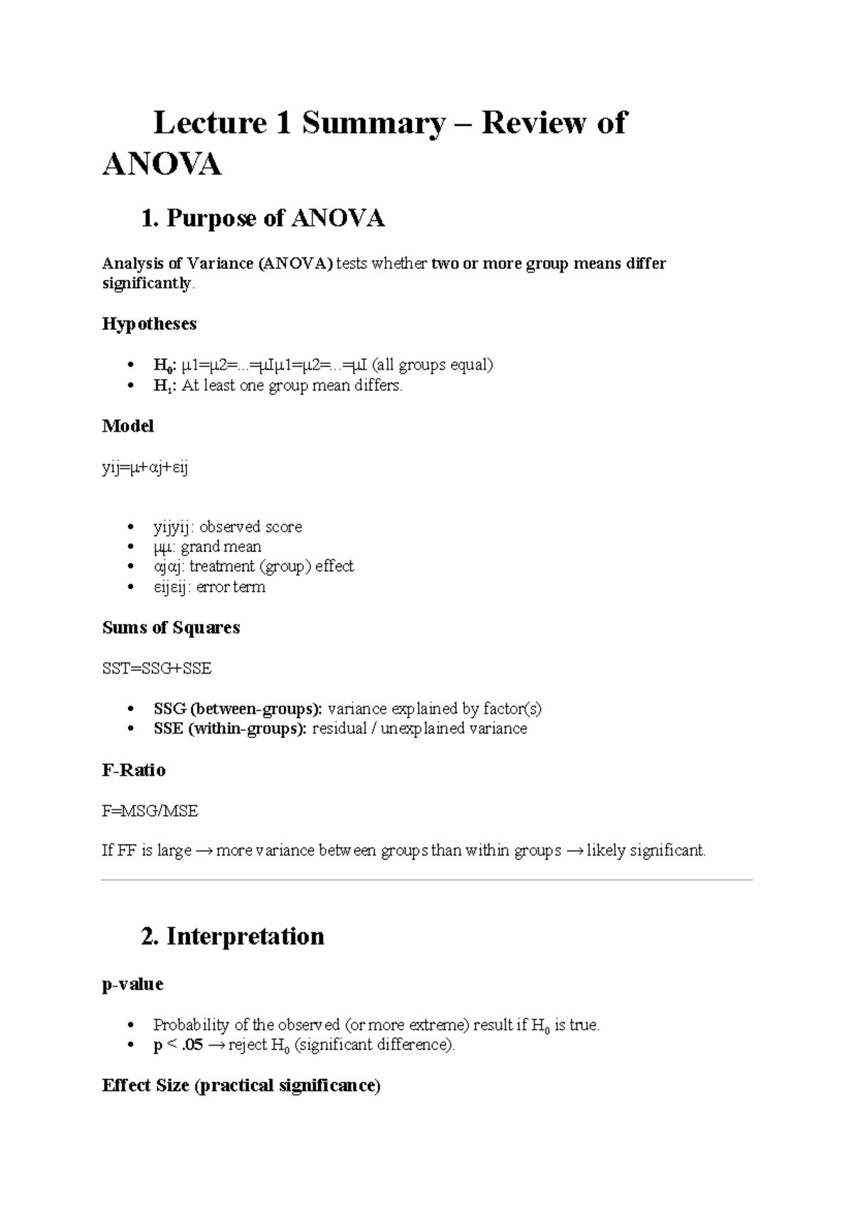 Lecture 1 Summary: ANOVA Concepts and Applications (RM) - Studeersnel