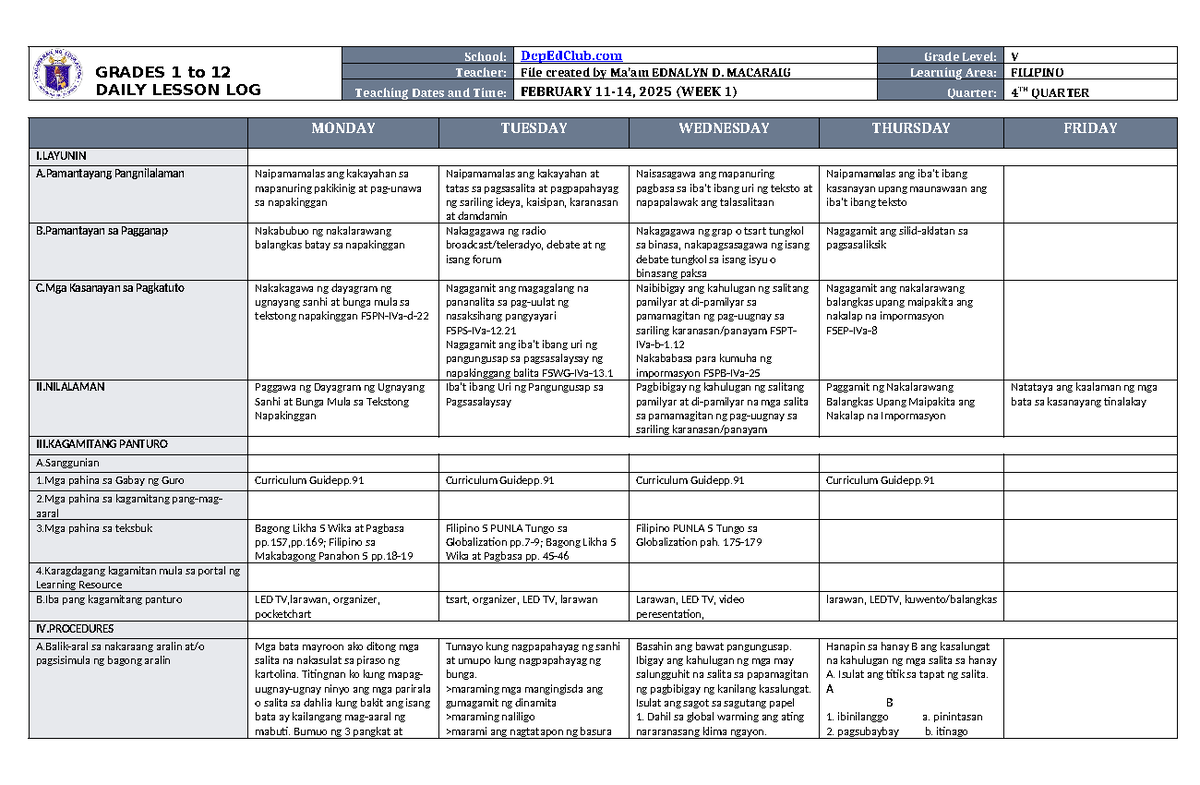 DLL Filipino 5 Q4 W1 - Daily Lesson Log for Week 1 Activities - Studocu