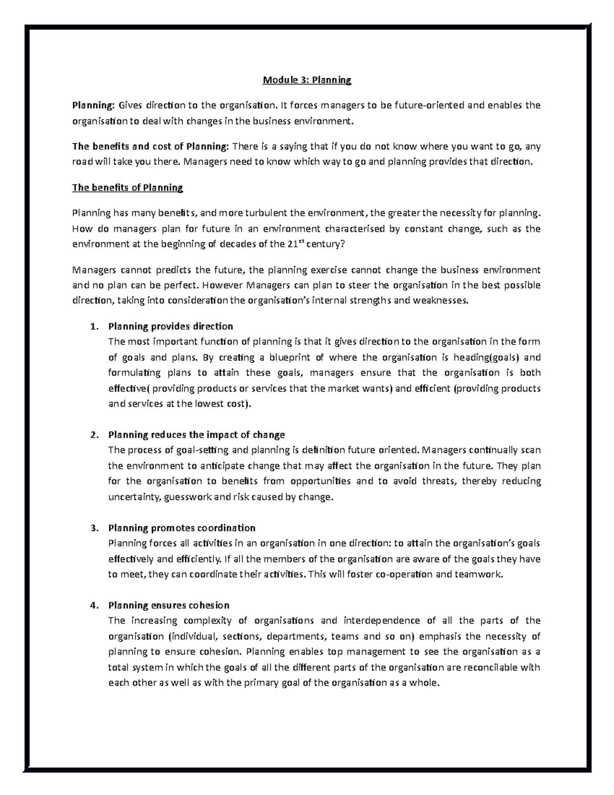 Module 3: Planning Notes & Key Concepts for Effective Management - Studocu