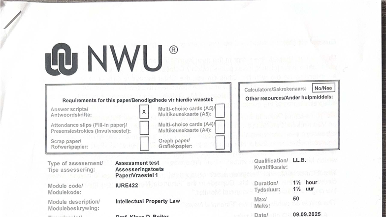 IURE 422 Test 1: Intellectual Property Law Assessment 2025 - Studocu