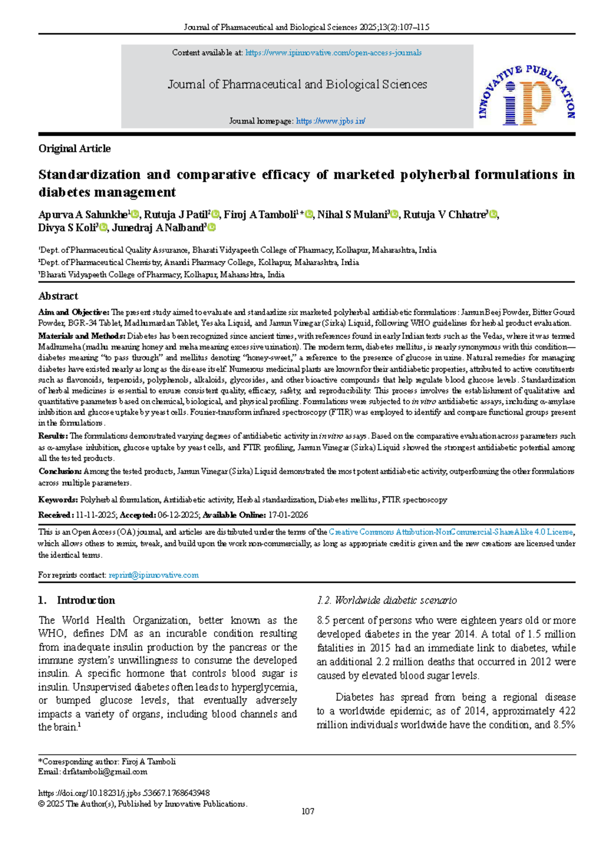 Standardization and Efficacy of Polyherbal Formulations in DM ...