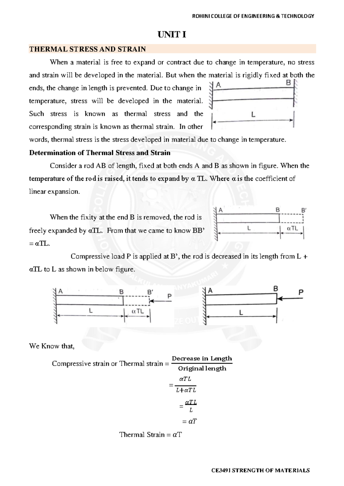 CE3491 Strength of Materials: Unit I - Thermal Stress and Strain - Studocu