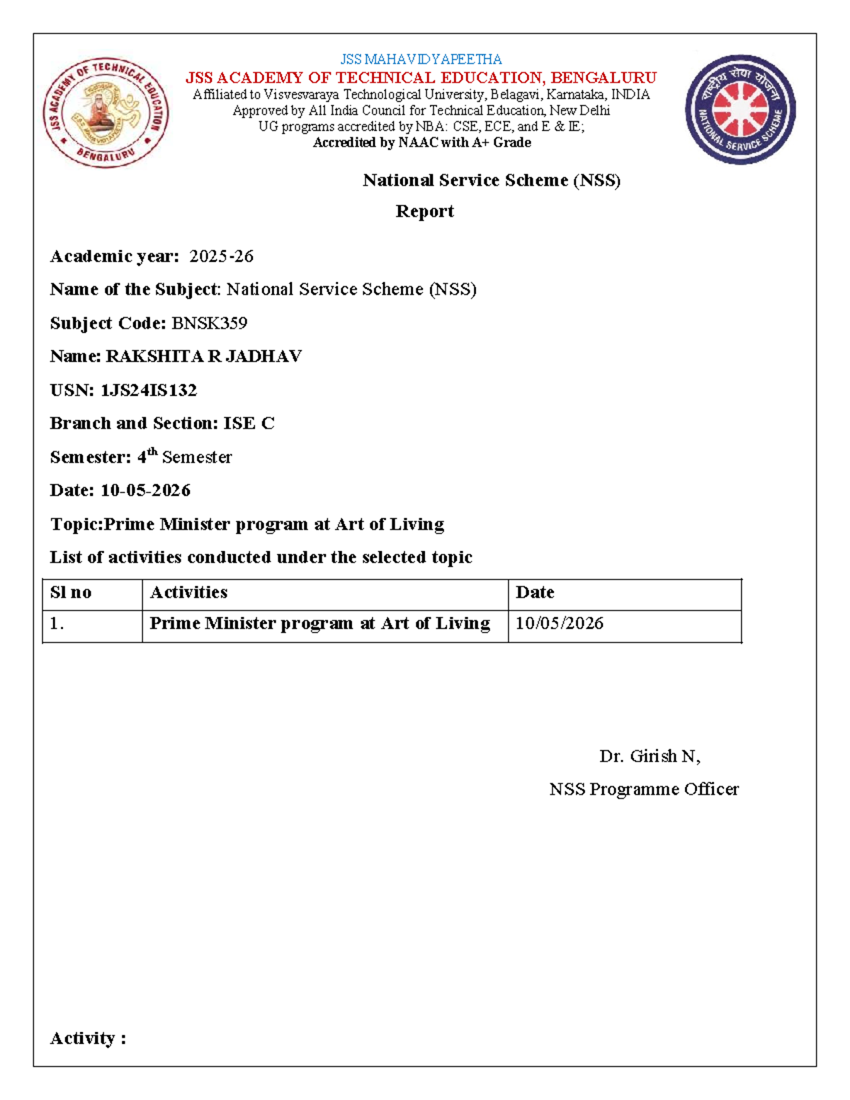 NSS Report on Prime Minister Program at Art of Living - BNSK359 - Studocu