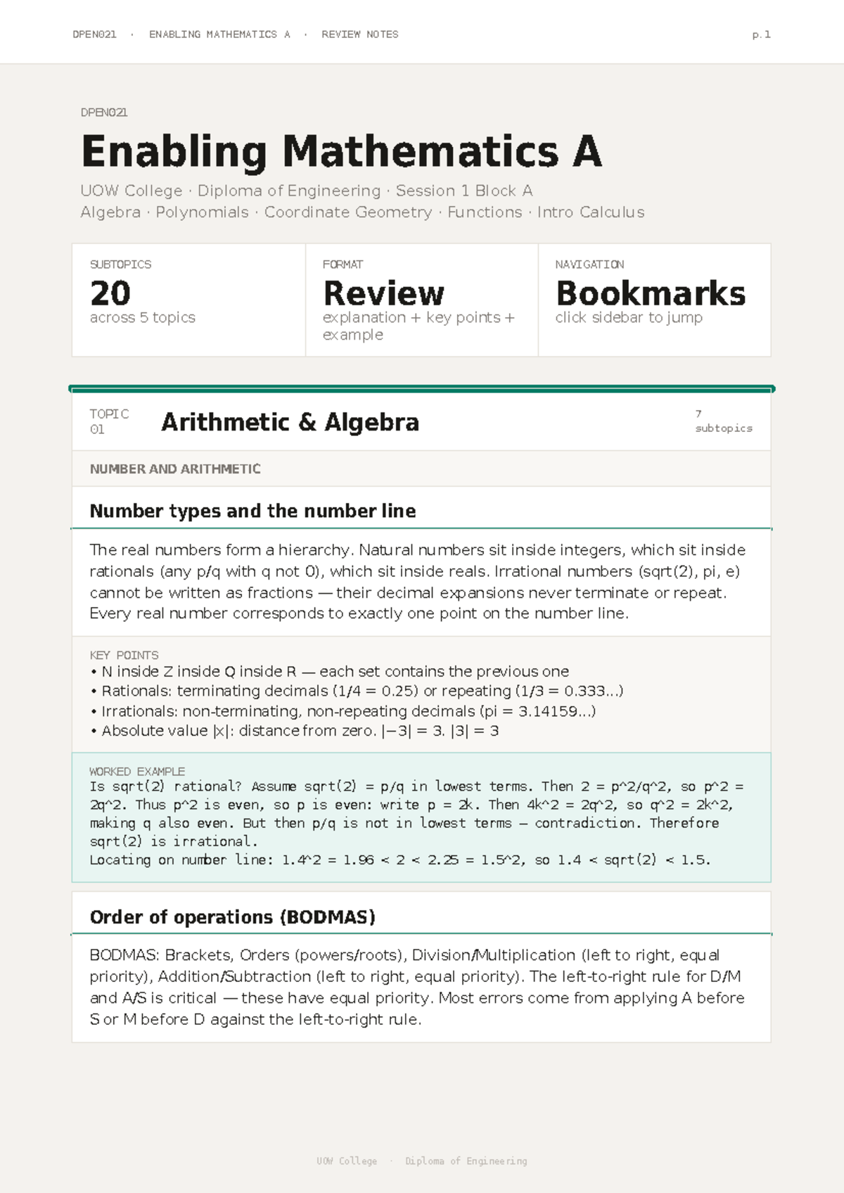 DPEN021 Enabling Mathematics Review Notes - UOW College Engineering ...