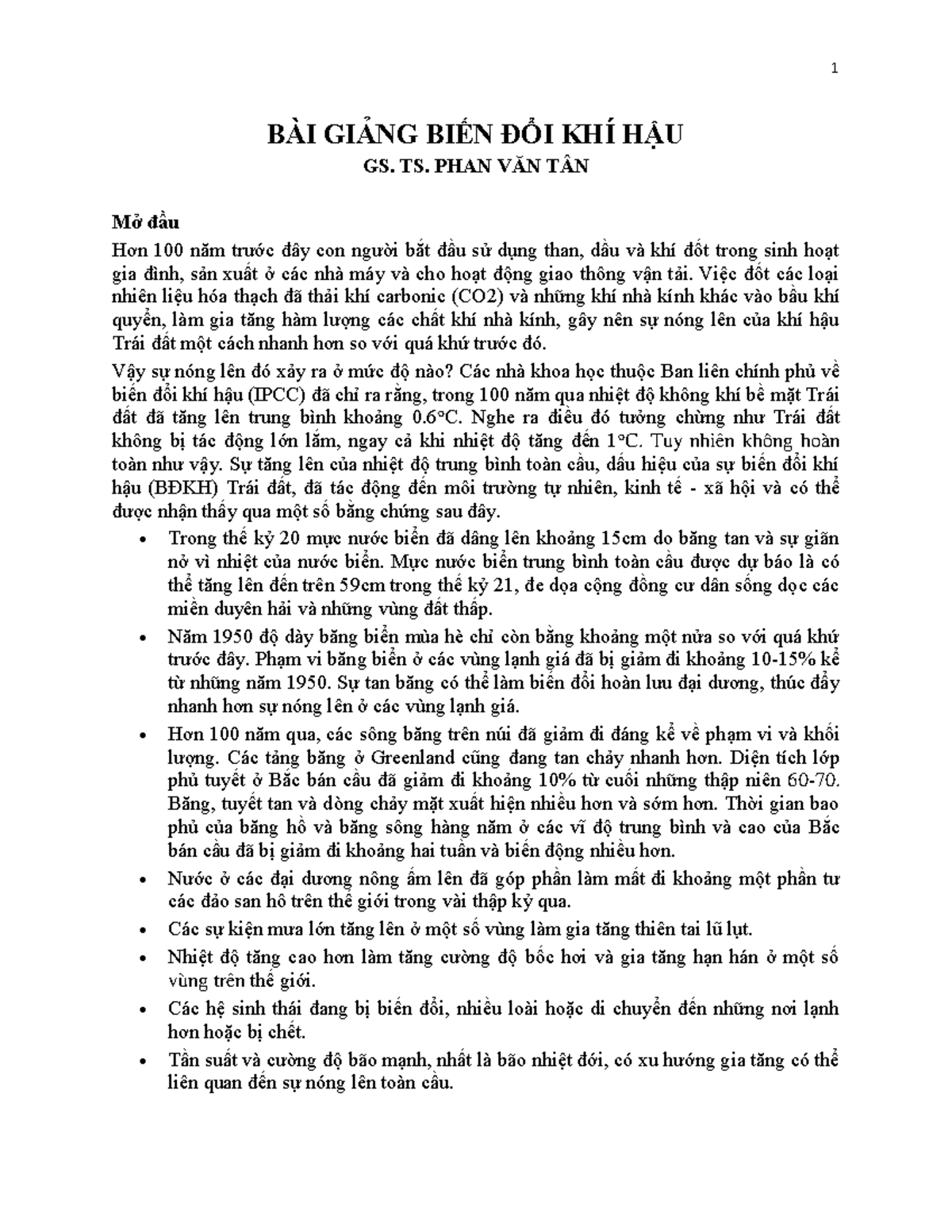 Bài Giảng Biến Đổi Khí Hậu - GS. TS. Phan Văn Tân (BDKH) - Studocu