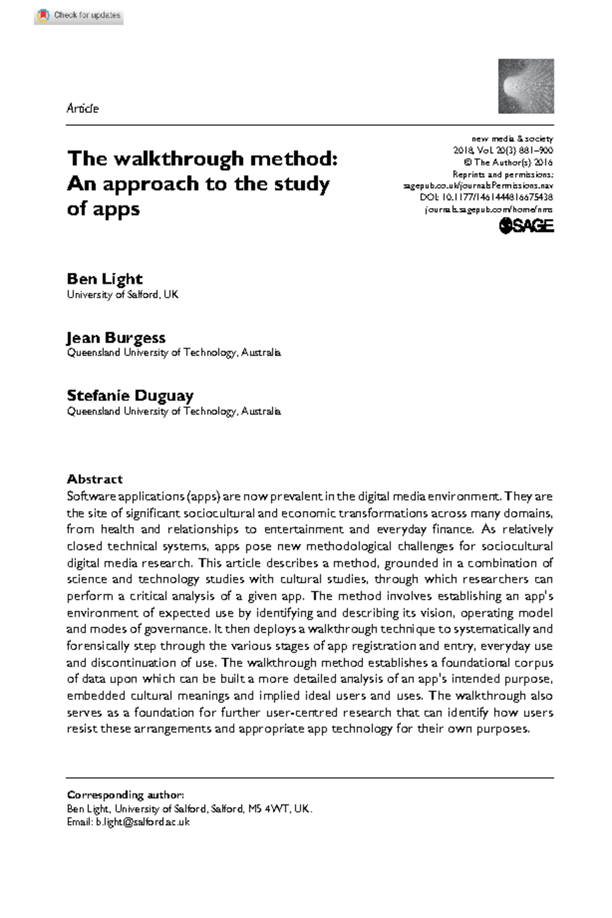 Walkthrough Method for App Analysis: Insights and Applications in 2016 ...