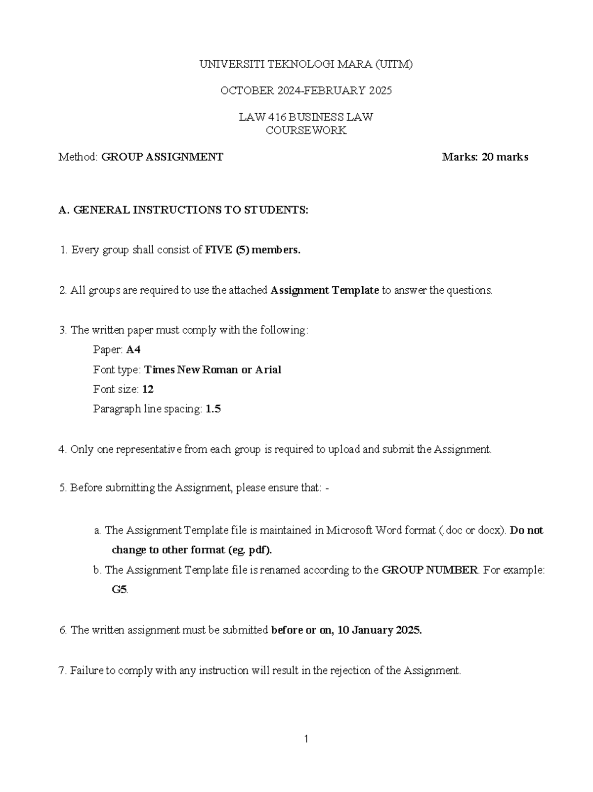 Assignment Questions LAW416 OCT 2024 FEB2025 - UNIVERSITI TEKNOLOGI ...