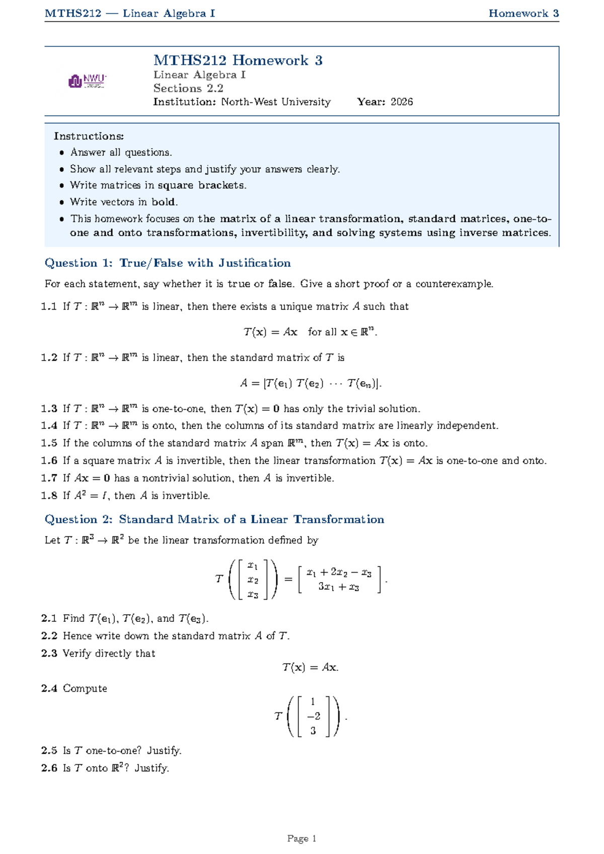 MTHS212 Linear Algebra I Homework 3: Practice for Mastery - Studocu