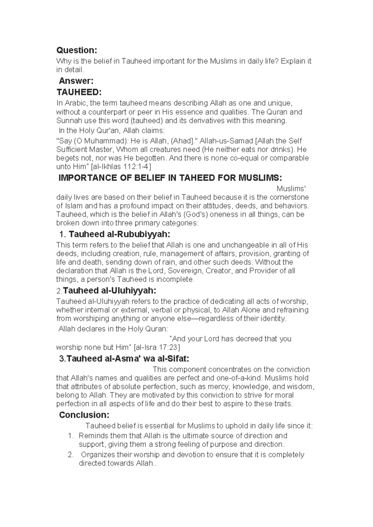Importance of belief in Tauheed for Muslims in daily life - Studocu