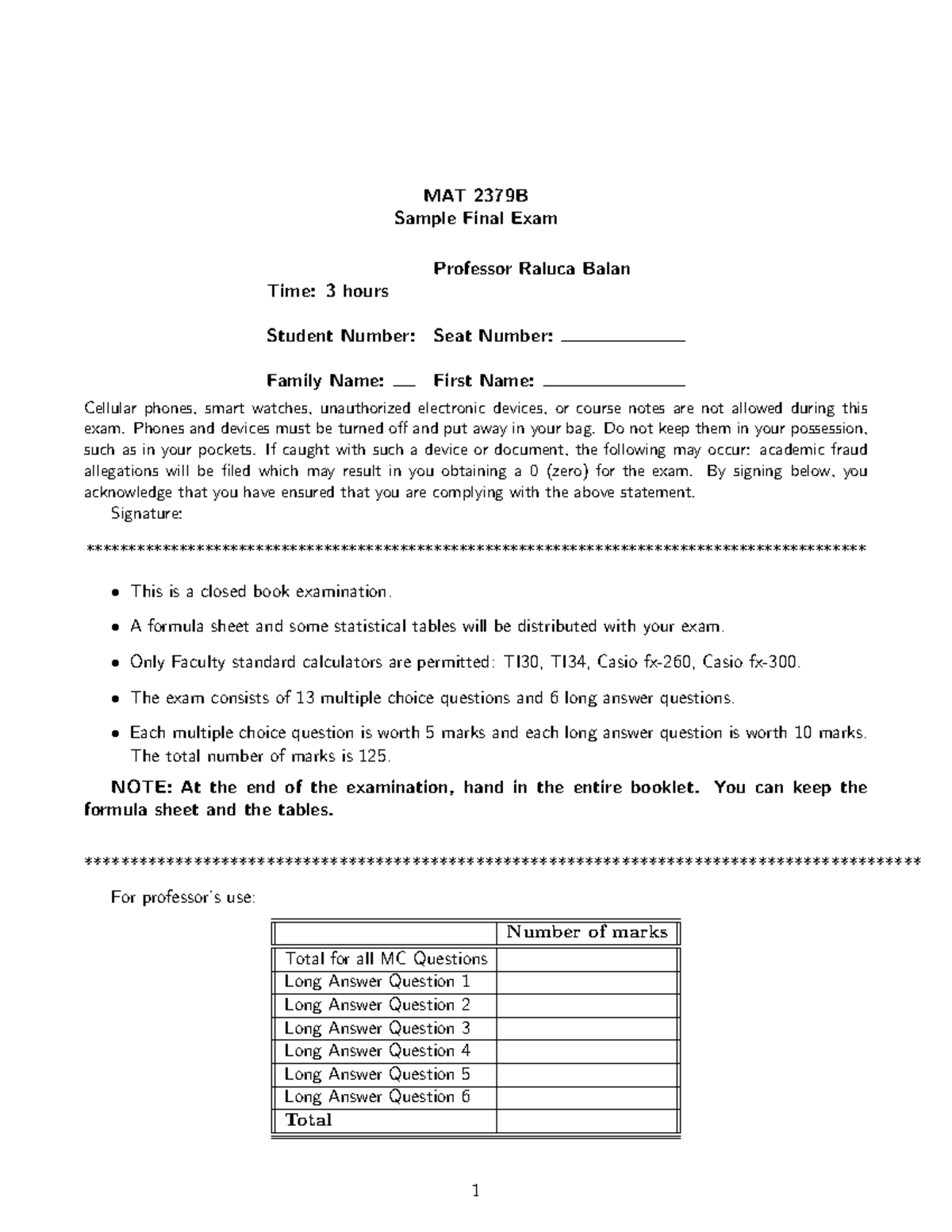 MAT2379B Sample Final Exam Guidelines and Question Breakdown - Studocu